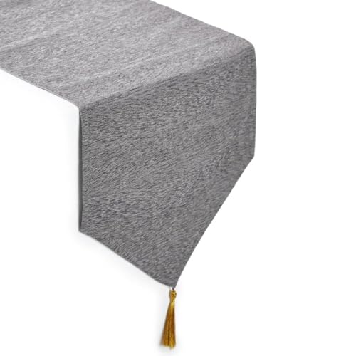 Image of Encasa XO Fine Chenille Table Runner for Dining with V-End and Tassels, 4 Seater Size 32x150 cm - Silver | Decorative Cloth for Party, Wedding, Home, Cafes, Restaurants & Hotels