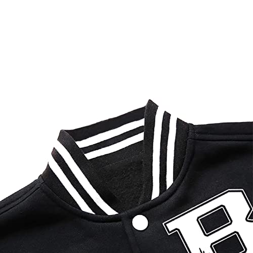 Womens Varsity Jacket Baseball Bomber Jacket Letter Print Casual Long Sleeve Vintage Coat Outwear Black #TOP2