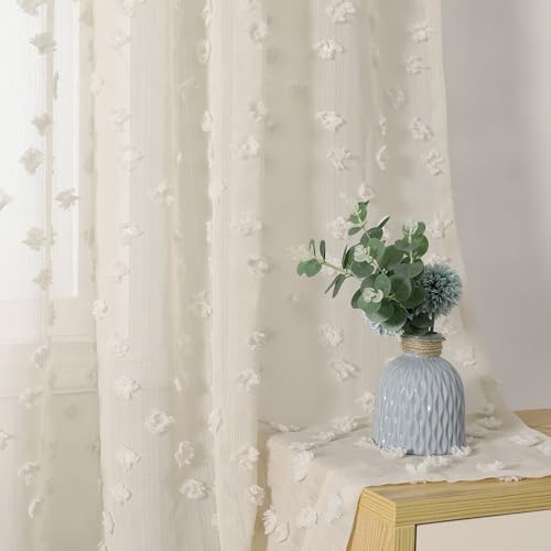 MYSKY HOME Beige Sheer Pom Pom