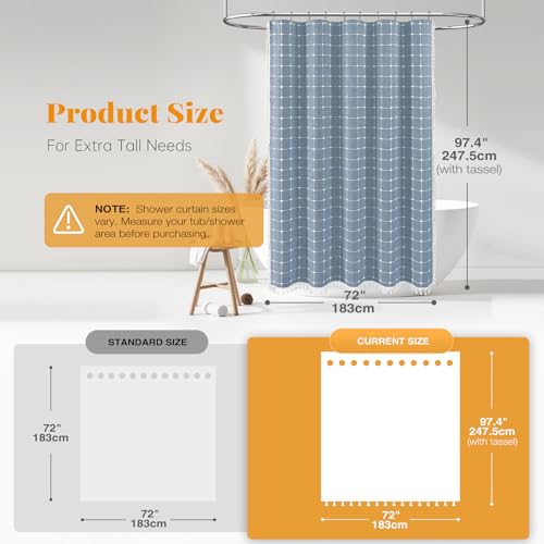 Image of BTTN Extra Long Shower Curtain - 72x96 Inch Long Boho Chic Linen Fabric Heavy Duty Shower Curtain Set with Hooks, Tall Bohemian Farmhouse Shabby Chic Tassel Cloth Shower Curtains for Bathroom - Blue
