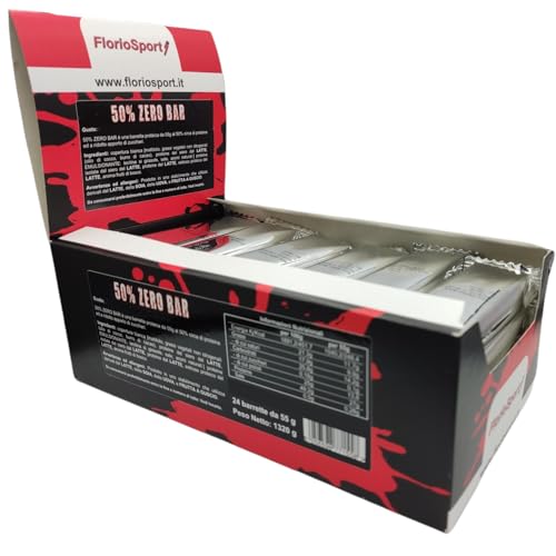 Barrette Proteiche Senza Zucchero 50% Zero Bar FlorioSport 24 pz da 55g al 50% di Proteine del Siero del latte isolate Whey - Peso Netto 1320g (Cioccolato Fondente)