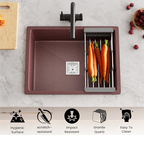 Image of LAPO Quartz Basin for Kitchen | 24x18 Inch UV Resistant Surface Basin | Low Water Noise & Single Bowl Sink with Tap Hole | Sink with Coupling, Waste Pipe & Drain Basket | 3 Yrs Warranty(Brown Finish)