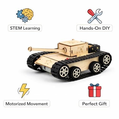 Image of Electric Army Tank DIY Wooden Model Kit - Motorized Educational STEM Toy with Tracks - Creative Building Toy for Kids & Teens (Electric Army Tank)