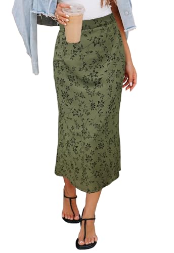 Image of HERBATOMIA Women's Floral Print Midi Skirt Casual High Elastic Waist Zipper Vintage Long Boho Skirts for Women