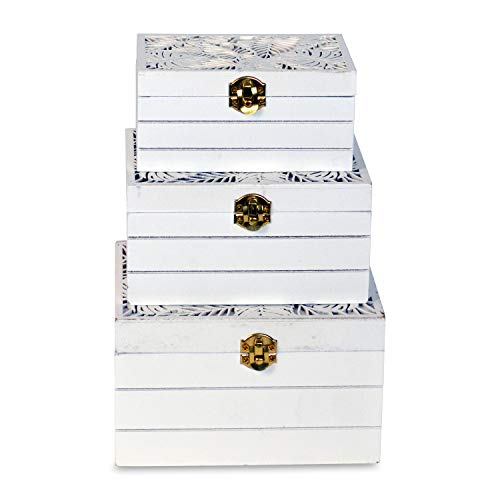 Botanical Sedona Boxes, Set Of 3, Cutout 3-D Leaf Details, Brass Metal Latches, Hinged Top, Smooth Brown Interior, White, Mdf Wood, 1- Large 6 L, 2- Medium 5 L, 3- Small 4.75 Inches #TOP5