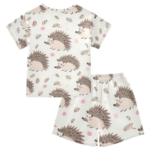 ALAZA Cute Hedgehog Leaf Pajamas Set Short Sleeve Cotton Sleepwear Summer Pjs 2 Piece 5-14Y2