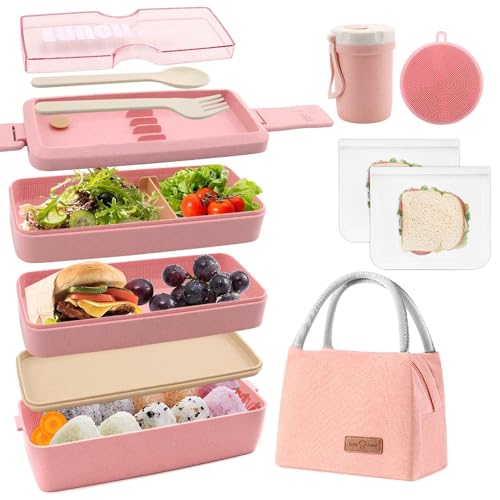 Meltset M Bento Box Japanese Lunch Box Kit Leakproof Bento Lunch Box for Kids Adults Wheat Straw 3 Layer Stackable Lunch Containers with Compartment Eco-Friendly Meal Prep Containers (Pink)