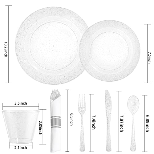 Dayammi 350 Pieces Silver Glitter Dinnerware Set 50 Guest For Party- 50 Dinner Plates, 50 Dessert Plates- 50 Per Rolled Napkins With Silver Cutlery- 50 Disposable Cups 9 Oz #TOP5