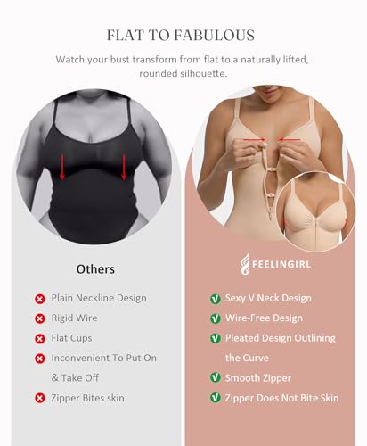 FeelinGirl Shapewear Tummy Control for Women Zip Shapewear Bodysuit Thong V-Neck Body Suit Seamless Body Shaper3