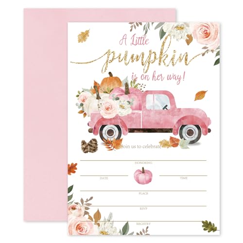 Whaline Fall Baby Shower Invitations 25 Sets Pink Autumn Pumpkin Floral Truck Invitation Cards with Envelopes Stickers Watercolor Blank Invites for Wedding Thanksgiving Harvest, 5 x 7 Inch