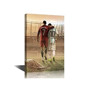 TISHIRON Cristiano Ronaldo and Lionel Messi Poster Framed Canvas Painting Picture Print Board Wall Decor Art Birthday Decorations Motivational Ready to Hang-18 Wx12 H