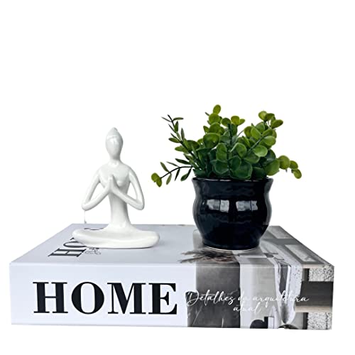 Decoração sala livro fake + vaso preto + enfeite mulher