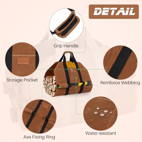 TwentyNext Firewood Log Carrier Waxed Canvas Tote Bag with Handles, Heavy Duty Firewood Holder Fireplace Wood Stove Accessories for Camping,BBQ Indoor & Outdoor