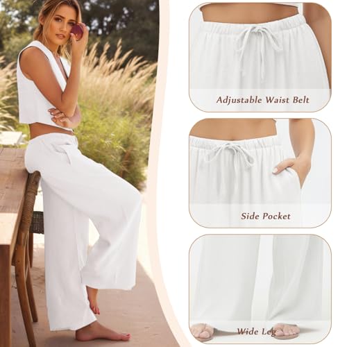 Neteson Leichte Hosen Damen Sommer Lang Leinenhose Damen Weite Leg Elegant Freizeithose Palazzo Hose Lockere Stoffhose mit Tunnelzug und Taschen