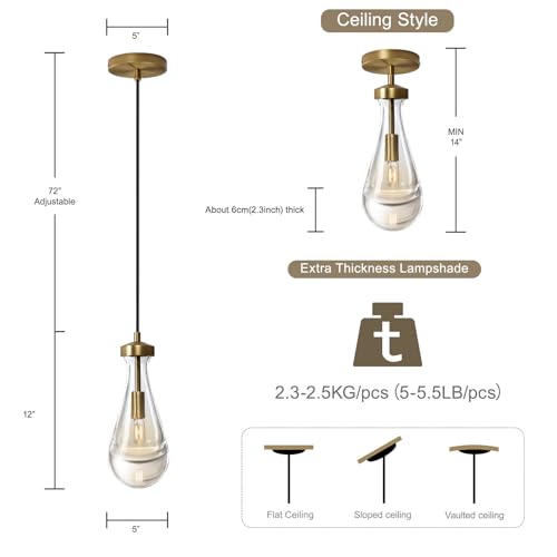 Joyunleo Raindrop Pendant Light Fixtures Set of Two, Brass Glass Pendant Lighting, Teardrops Pendant Lights Kitchen Island, Indoor Pendant Light for Kitchen Island Bedroom Bathroom, Included Bulb - Thumbnail 7