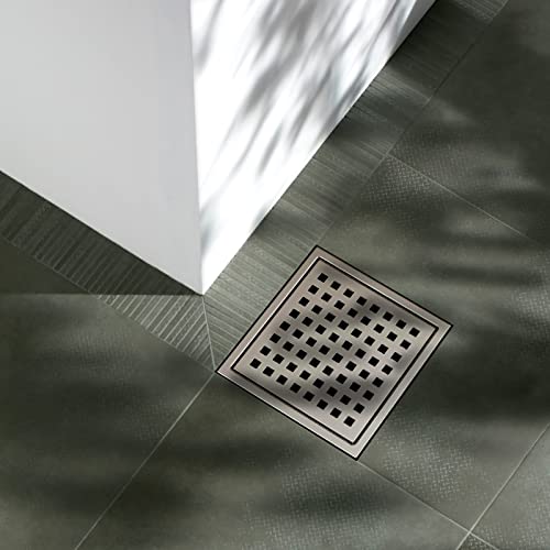 Tvane 4 Inch Square Shower Drain With Flange Removable Quadrato Pattern Grate, Brushed 304 Stainless Steel, Includes Floor Drain Base Hair Strainer,Brushed Nickel #TOP4