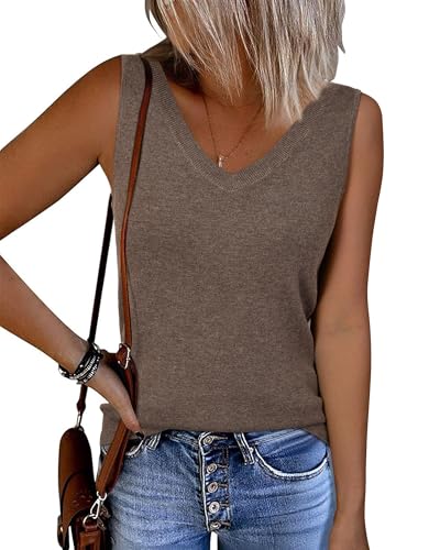 Arach&Cloz 2025 Women's Wool Blend Tank Tops Summer Fall Sleeveless Vest V Neck Ribbed Knit Soft Cashmere Sweater Basic Blouse Fashion Shirts Business Casual Teacher Outfits Trendy Dressy Coffee M