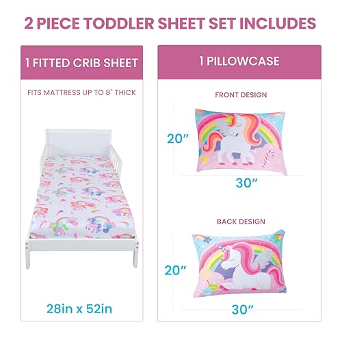 Image of Todays Kids 2-Piece Unicorn Bedding Toddler Sheet Set - Breathable 100% Soft Brushed Microfiber Polyester, Standard Size Crib Sheet Set - Gentle on Delicate Skin - Fitted Toddler Sheets & Pillowcase