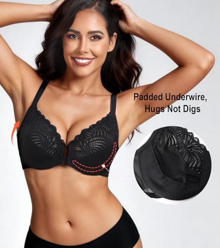 Image of HACI Women's Front Closure Bra Underwire Unpadded T-Back Plus Size Lacy Full Coverage Racerback T-Shirt Unlined