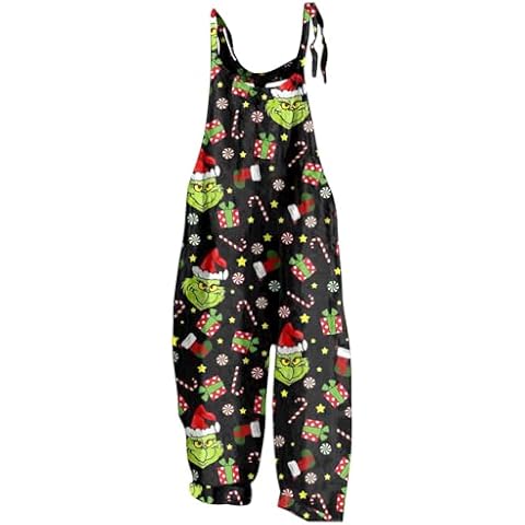 NAMTYQX Christmas Party Overalls, Womens Green Shaggy Printed Rompers Spaghetti strap Jumpsuits Loose Fit Overall Pants Cover