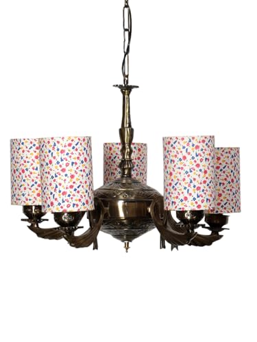 Image of Devansh 05-Light Round Printed Multicolor Cotton Shade Chandelier - Antique Golden Finish | Adjustable Cord | Warm Glow Lamp - Ceiling Light for Living Room, Dining Area, BedroomDecor - D18