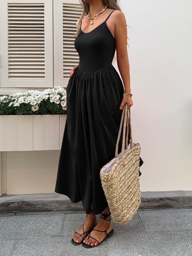 Image of Mieazom Women's Sleeveless V-Neck Maxi Dress with Pockets - Slim Fit Casual Summer Spaghetti Strap Dress for Vacation