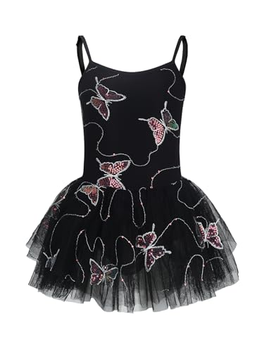 Hidany Girls Ballet Leotards Tutu Dress Dance Costume Kids Spaghetti Strap Butterfly Dance Tutu Unitard (4-5T XY014-Black)
