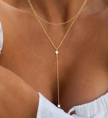 iF YOU Lariat Gold Long Necklaces for Women Trendy, Dainty 14K Gold Plated Drop Chain Necklace, Layered Rosary Beaded Y Necklaces Simple Fashion Jewelry Gifts3