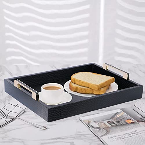 Decorative Serving Tray With Metal Handles, Black Leather Organizer For Kitchen Food Snacks Coffee #TOP4