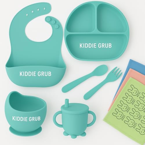 Image of 7 Pcs Baby Feeding Set with Napkin BPA Free Baby Dinner Set, Silicone Feeding Set for Baby 6+ Months, Baby Weaning Set, Baby Suction Plate and Spoon Cutlery Set, Silicone bib and Bowl