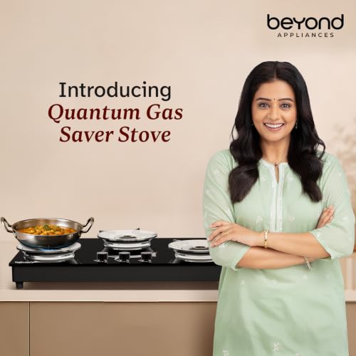 Image of Beyond Appliances Quantum 3 Burner | Gas Saver Stove I 10 Year Warranty | Auto Ignition | 77% Energy Efficient| Full Brass burners | Toughened Glass | LPG & PNG Compatible