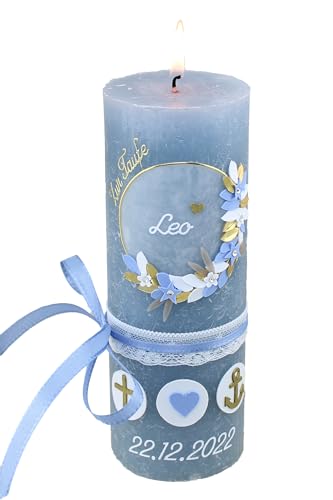 Cerziies® Taufkerze Rustik Leo Junge oder Mädchen mit Name und Datum, individuell und handverziert 1735, Variante:Klassischer Docht
