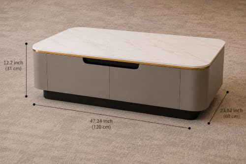Image of WOODEN SPACE Jaguar Modern Marble Top Coffee Table with Storage | 47.24 Inch Rectangular Centre Table for Living Room | High Gloss Finish (Light Grey)