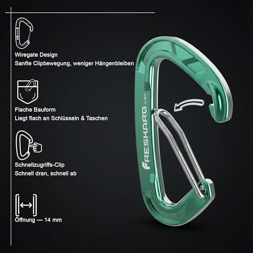Foto von FresKaro Karabiner Haken-Karabinerhaken, Robust, Klein, Stabil, Schlüsselanhänger, Zubehör, Federschnapper, 8kN 816kg, für Wandern, Camping, Angeln, Nicht zum Klettern, Schlüssel Mini-Größe, 5Stück