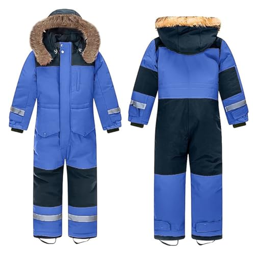 linboo Unisex Kinder Skioverall Wasserdicht Schneeanzug mit Kapuze Atmungsaktiv Schneeoverall Winddicht Skianzug für Jungen Mädchen Verdickt Winteranzug, Königsblau, 152-158(Herstellergröße: 160)