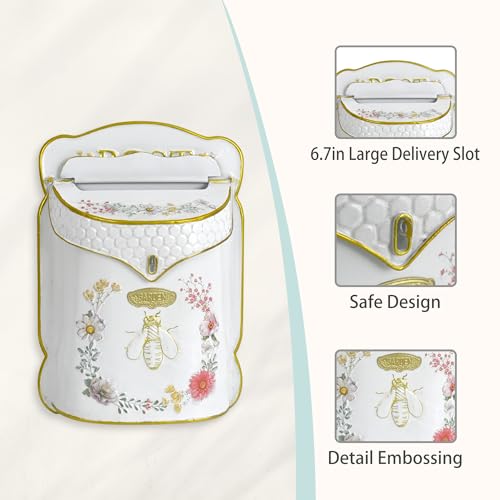 Image of Wall Mount Mailbox for Outside Vintage Mail Boxes for House Outside Metal Door Mailbox Drop Box Antique Style Nostalgic Charm Home Decorative, Bee Pattern, White