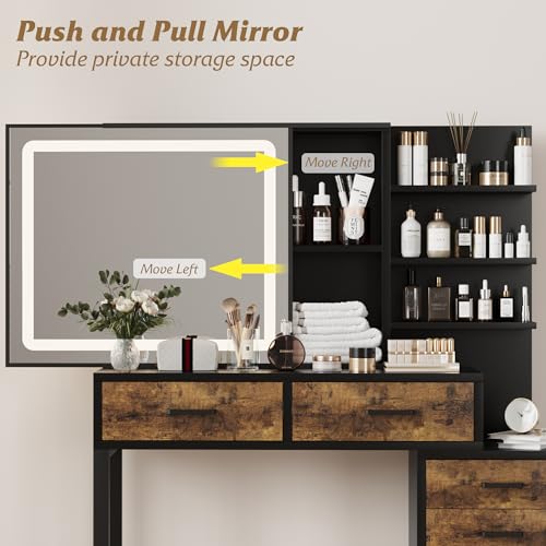 Garvee 46.8'' Vanity Desk with Mirror, LED Lights and Power Outlet, Makeup Vanity Table with 5 Drawers and 3 Storage Shelves, Dressing Table with Gold Handle for Bedroom, Dressing Room (White)