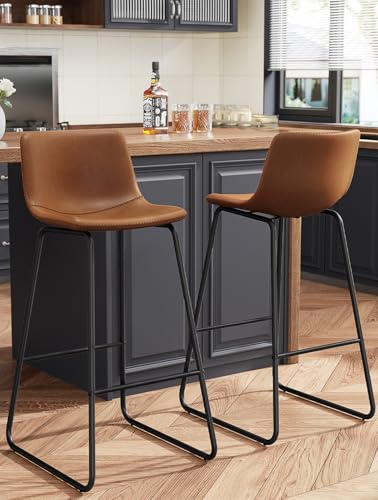 Image of REONEY Bar Stool Set of 2, 30 inch Urban Faux Leather Counter Stool, Dark Brown