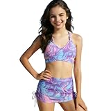 Girls 3 Pieces Swimsuits Criss Cross Bikini Sets with Mini Skirt Drawstring Ruched Beach Coverups Bathing Suit for 3-12 Years