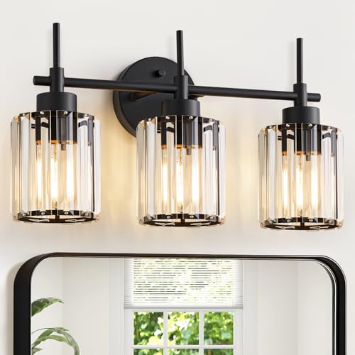 Image of EJIAXIN 3 Light Black Crystal Vanity Light, Modern Bathroom Vanity Light Over Mirror, Up and Down Mount Wall Sconce Lighting for Bathroom Bedroom Living Room Hallway