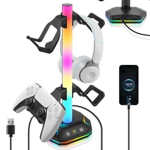 RGB Headset Halterung, RGB Gaming Kopfhörer Ständer, 7+1+1 Ambience-Modus, USB Type-C Datenübertragung, Universal Speicher Organizer für Gamer PC Xbox ONE PS5 Gaming Zubehör(Schwarz)