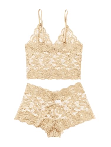 Image of Lilosy Sexy Sheer Floral Lace Pajamas Lingerie Set High Waist Sleepwear Bra and Panty 2 Piece Nightwear