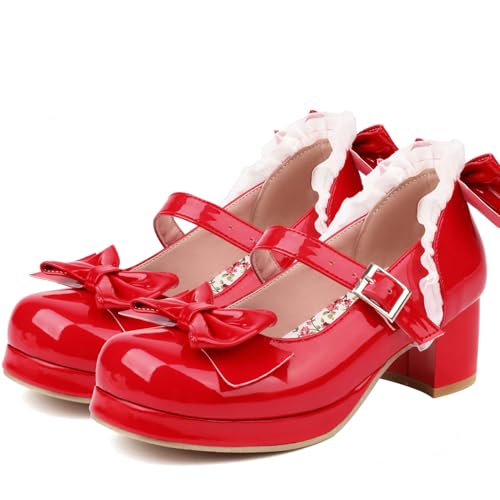 KysBloes Women Kawaii Shoes Sweet Mary Janes Platform Lace Cute Pumps Mid Block Heel Buckle Pumps with Bow