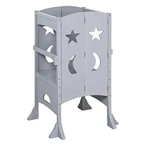 Qaba Wooden Kitchen Step Stool for Kids Foldable Toddler Tower Helper Stool for Kitchen Counter with Support Handles Safety Rail Gray