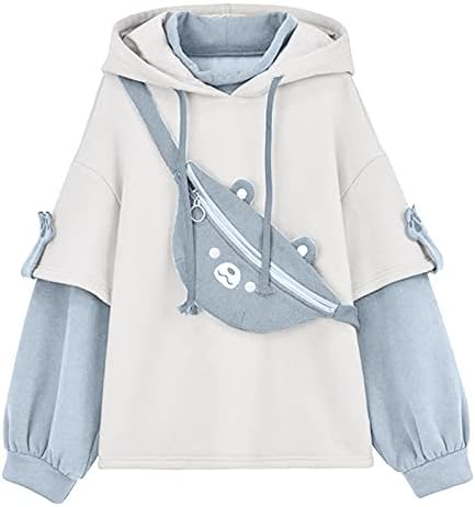 Mimacoo Cute Bear Hoodies for Teen Girls Brown Sweatshirt Long Sleeve Shirts Oversized Pullover with Personality Bag