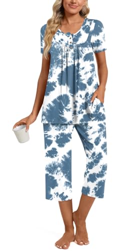 Image of Womens Summer Pajama Sets 2 Piece Short Sleeve Top and Capri Pants Plus Size Ladies Lounge Pjs Sets with Pockets