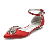 MGEM Damen Flache Ballerinas elegant Strass Satin Spitze Flache Knöchelriemen Brautschuhe Hochzeitsschuhe,Rot,41 EU