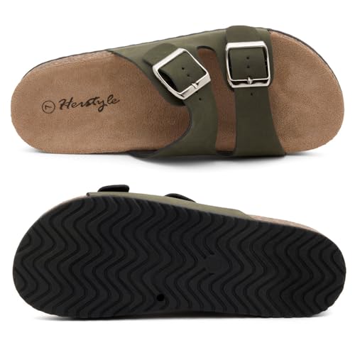 Image of Herstyle Womens Cork Footbed Slides for Women, Double Strap Flat Sandals, Adjustable Buckle Comfort Slip On Shoes, Summer Beach Casual Walking Slippers