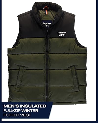 Image of Reebok Mens Puffer Vest - Full Zip Midweight Thick Insulated Sleeveless Jacket for Men - Outdoor Quilted Puffer Winter Vest