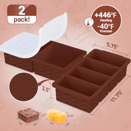 Image of Silicone Freezer Molds for Soup with Lid, 1-Cup & 2-Cup Large Ice Cube Trays Food Storage Containers for Meal Prep, Freeze 500mL /250mL /125mL Portions - 2 Pack